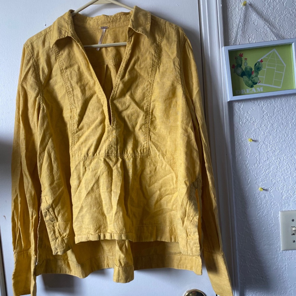 Free People Womens Linen Blend‎ Collared Long Sleeve Shirt Top Mustard Yellow L